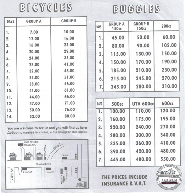 prices for renting bicycles and scooters in ayia napa